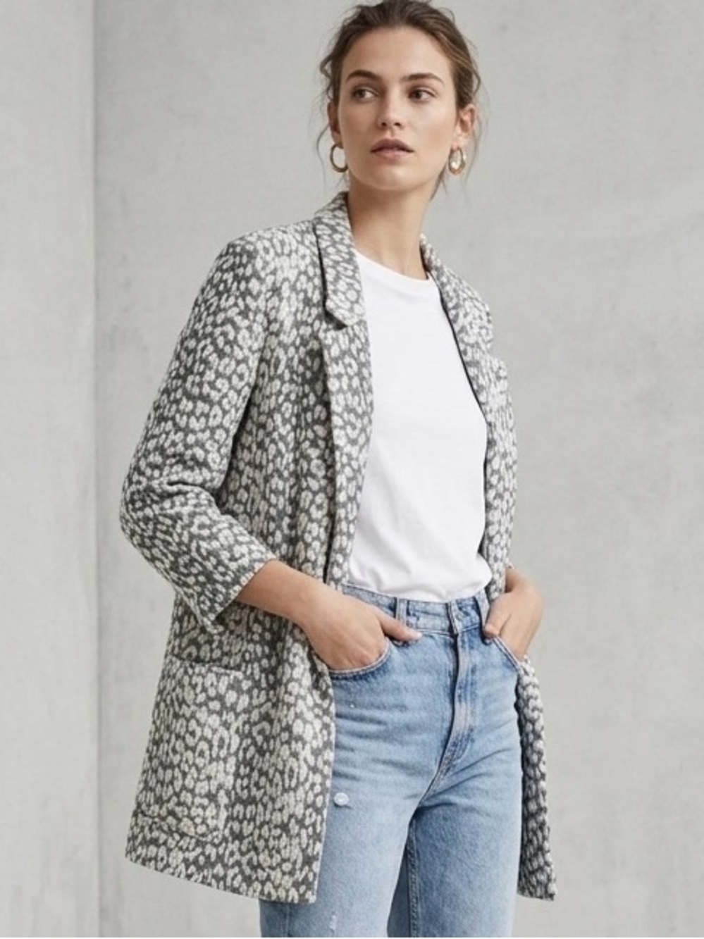 Zara Gray White Leopard Print Open Front Blazer XS